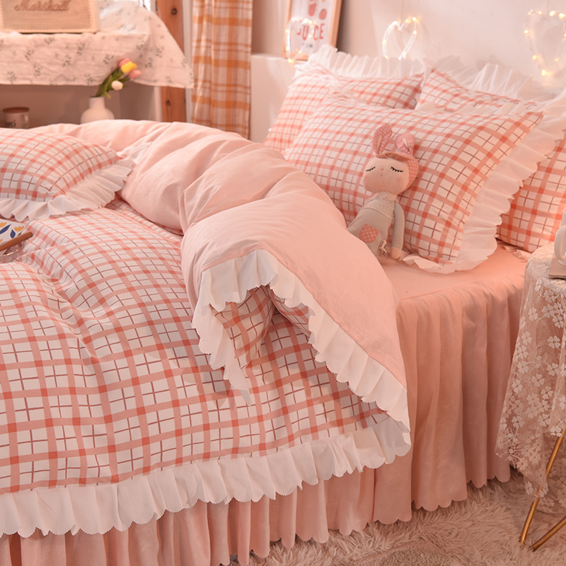 日式網格100%精梳棉被套床裙四件組