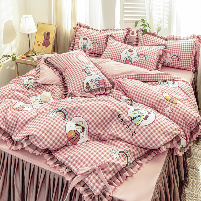 四季款純棉 清新印花雙層 蕾絲床裙 純色裙邊三件組/四件組