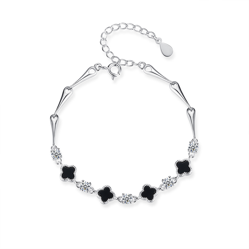靈動四葉草手錬🍀【S999純銀/莫桑鑽】鑲嵌黑瑪瑙 幸運相伴 相守一生❤四葉草·幸運加倍