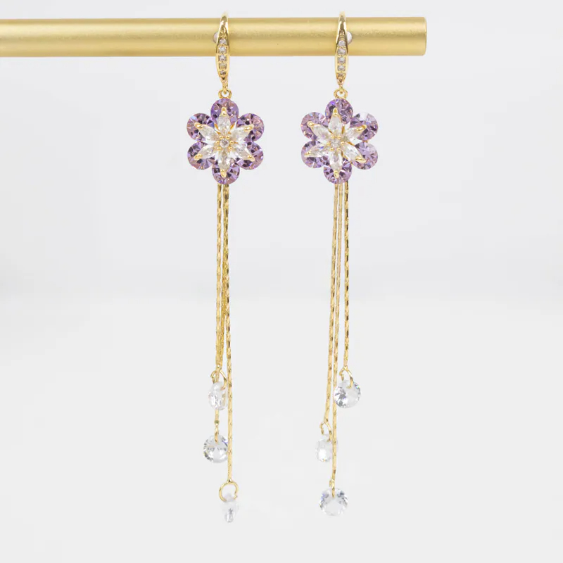 「紫姬宮陵」紫色&白色花朵流蘇耳勾耳環