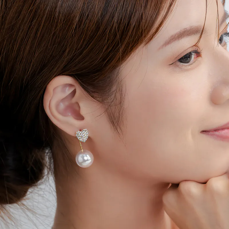 「可愛耀眼」滿鑽珍珠愛心前後扣耳環（一款兩戴）  