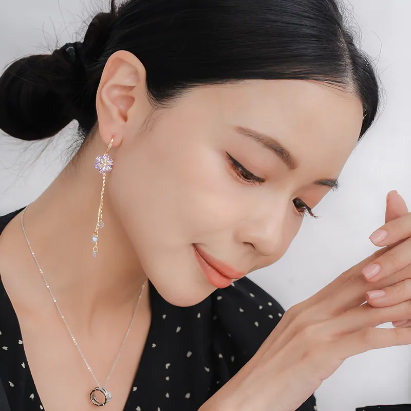 「紫姬宮陵」紫色&白色花朵流蘇耳勾耳環