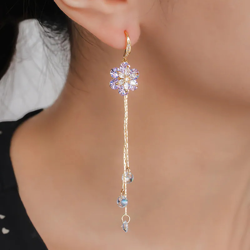 「紫姬宮陵」紫色&白色花朵流蘇耳勾耳環