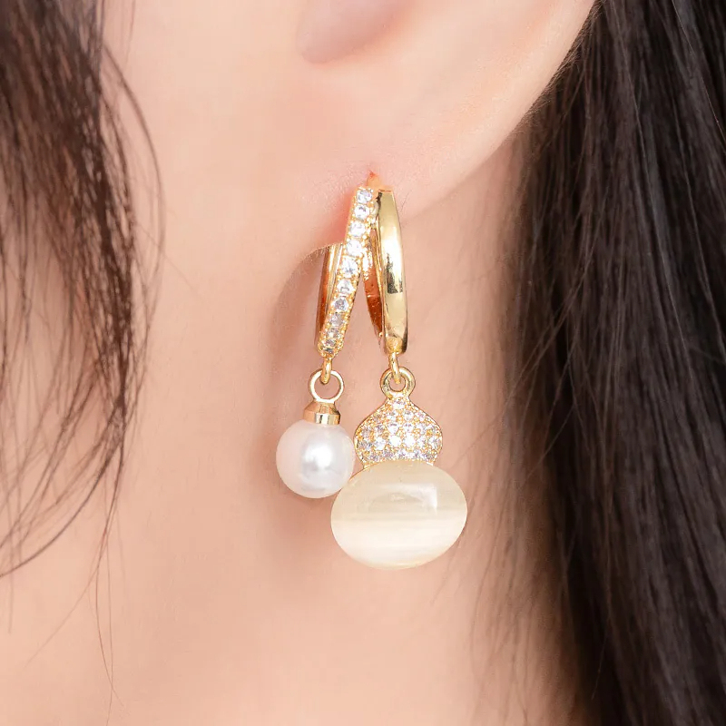 貓眼石葫蘆珍珠耳環