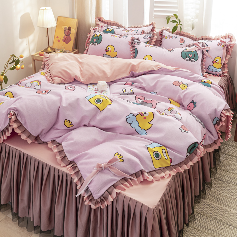 四季款純棉 清新印花雙層 蕾絲床裙 純色裙邊三件組/四件組