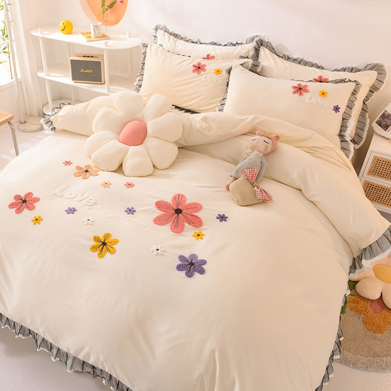 遇見 3D立體刺繡 甜美清新 蕾絲床裙四件組