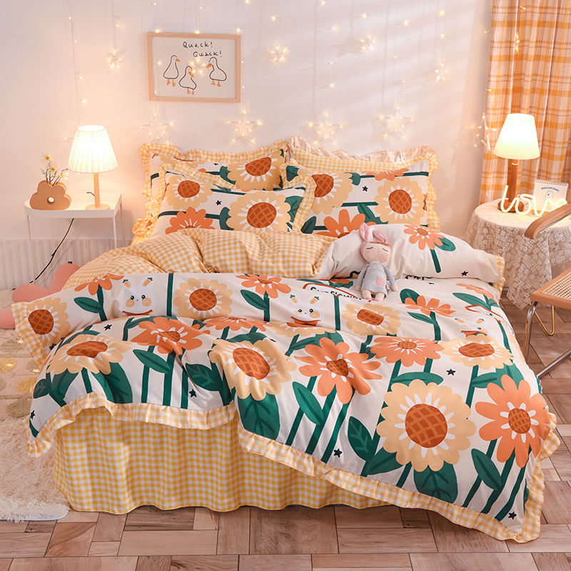 四季款純棉 清新印花雙層 絕美床裙 純色花邊三件組/四件組