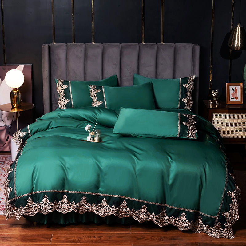 公主水洗真絲床裙 北歐風 蕾絲花邊冰絲裸睡夏季 四件組