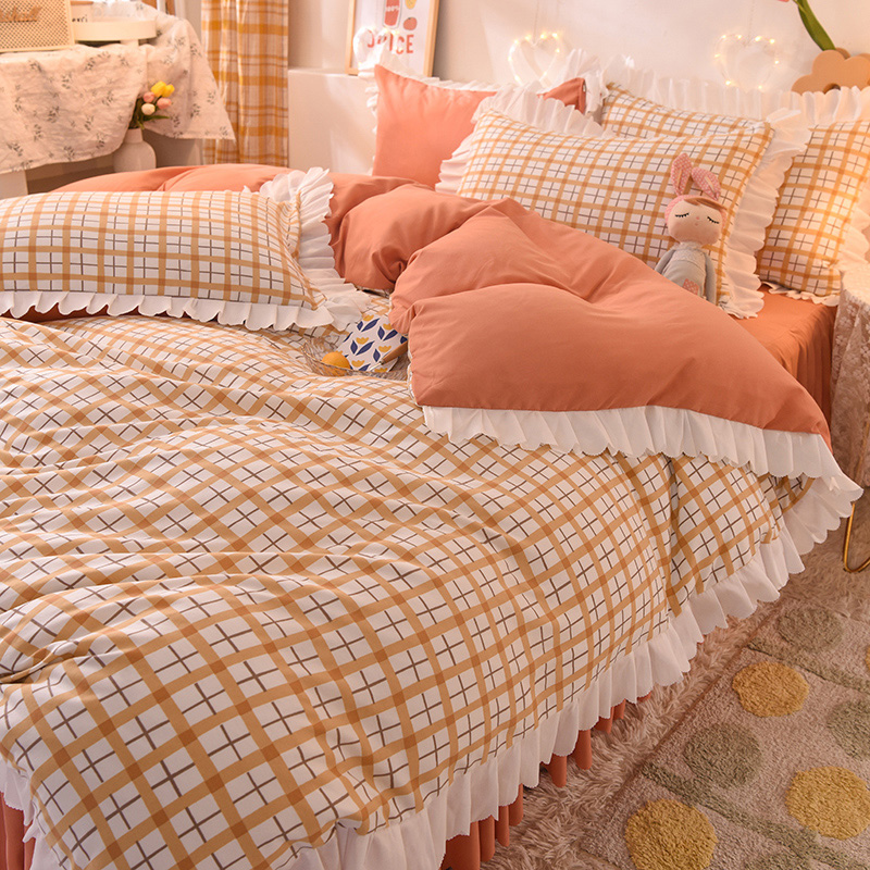 日式網格100%精梳棉被套床裙四件組