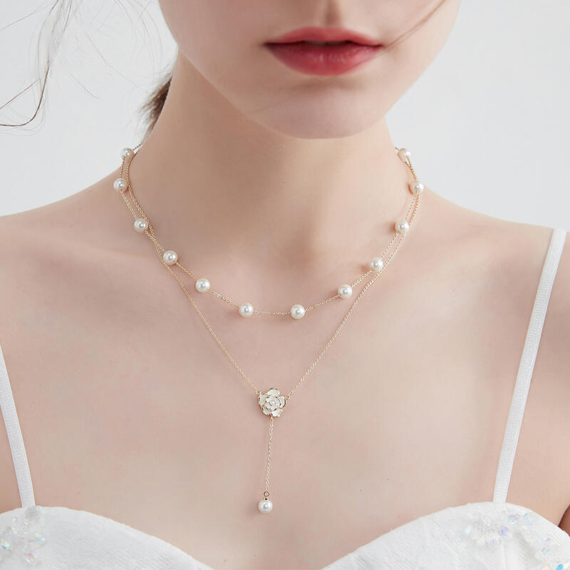 雙層設計山茶花珍珠項錬