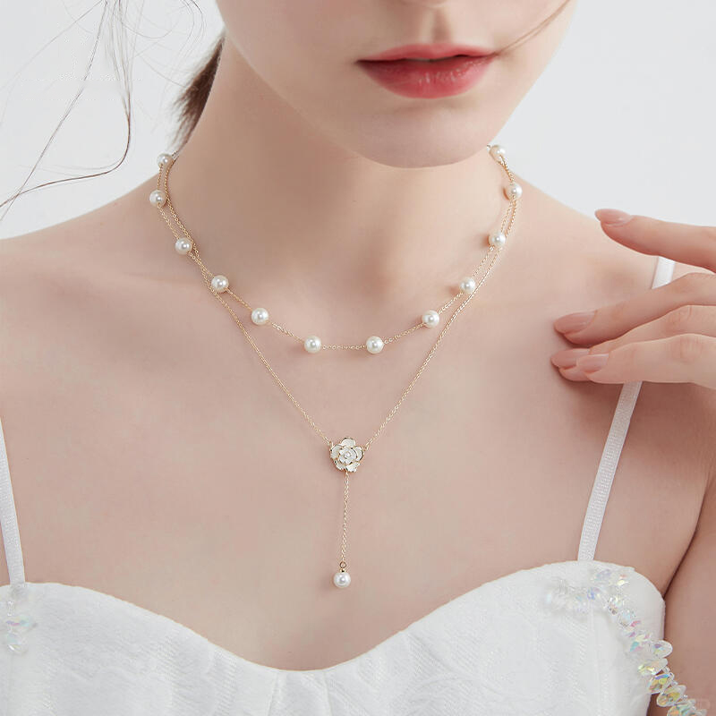 雙層設計山茶花珍珠項錬