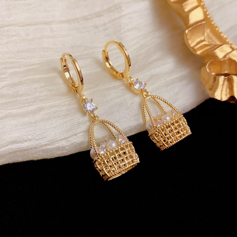 手工編織花籃珍珠耳環