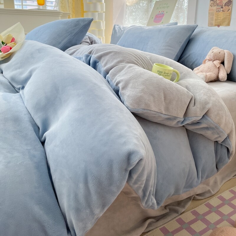 A類高克重牛奶絨純色四件組 床裙*1+枕頭套*2+被套*1