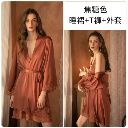 深V休閒舒適緞面吊帶睡裙 家居服套裝