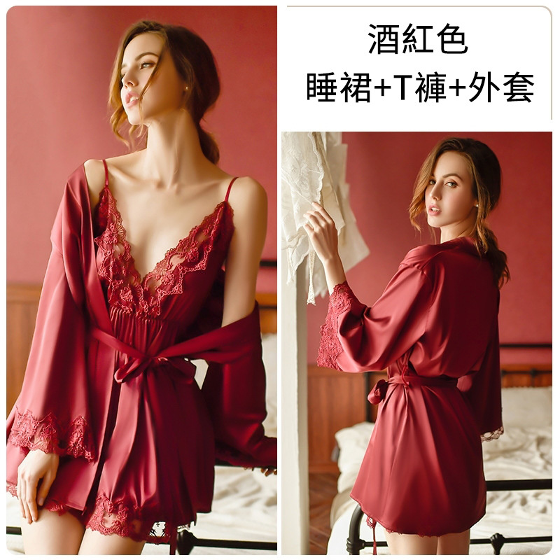 深V休閒舒適緞面吊帶睡裙 家居服套裝