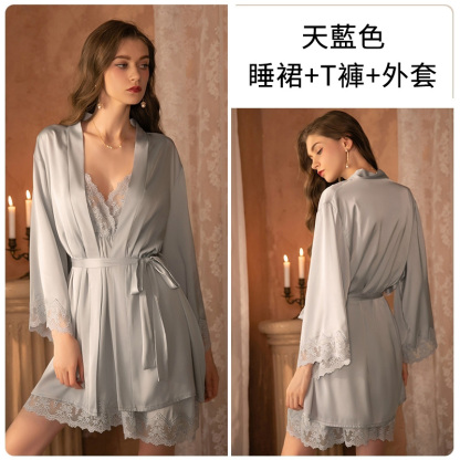 深V休閒舒適緞面吊帶睡裙 家居服套裝