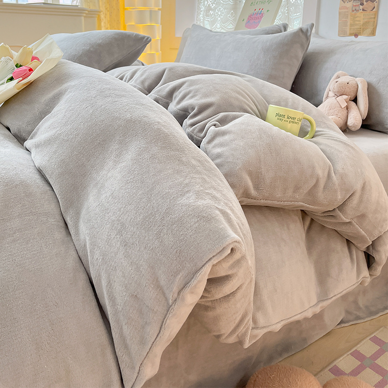 A類高克重牛奶絨純色四件組 床裙*1+枕頭套*2+被套*1