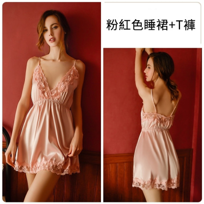 深V休閒舒適緞面吊帶睡裙 家居服套裝