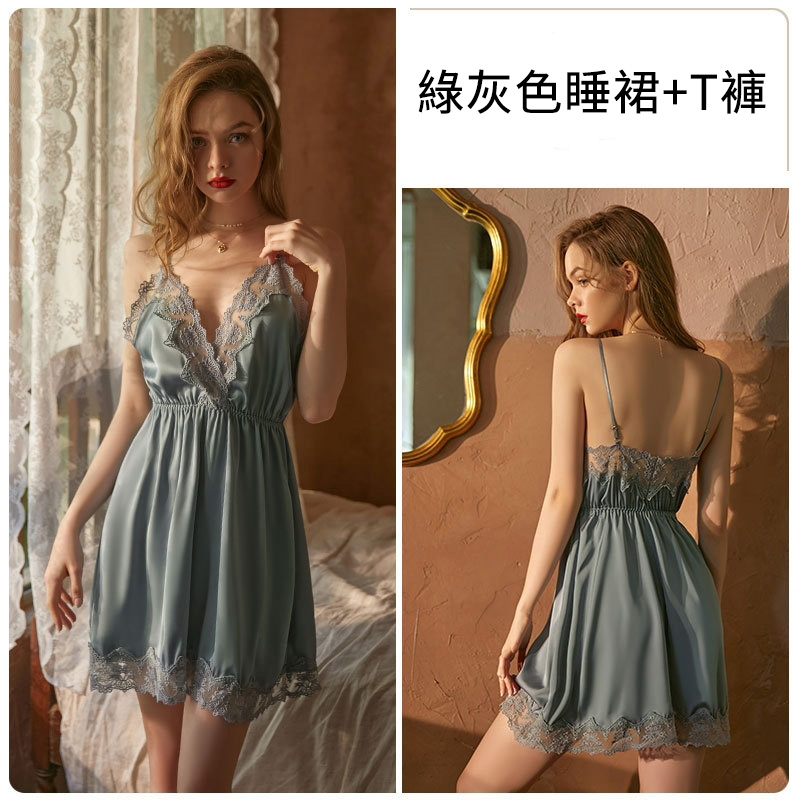 深V休閒舒適緞面吊帶睡裙 家居服套裝