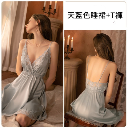 深V休閒舒適緞面吊帶睡裙 家居服套裝