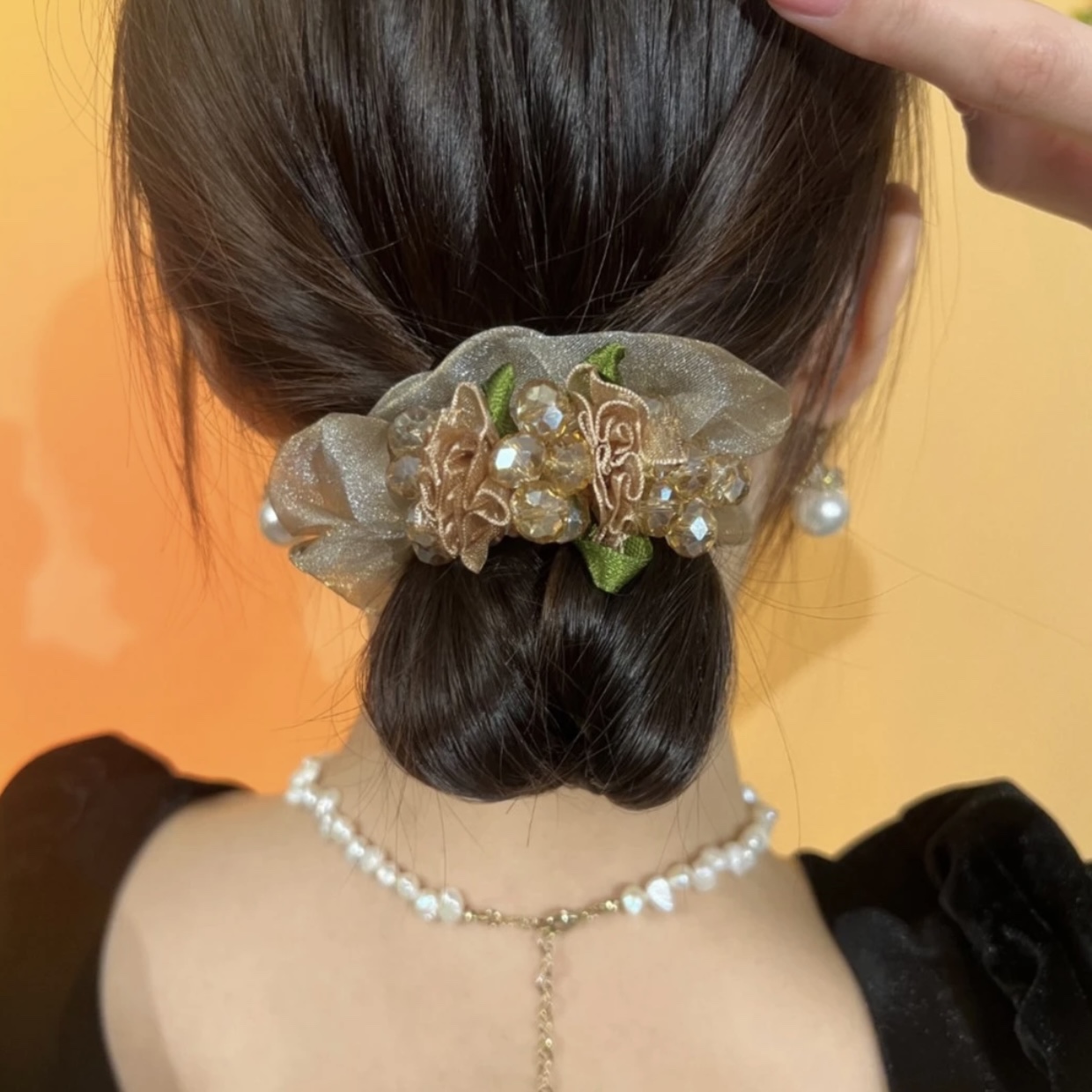 輕奢網紗簪花水鑽高彈力發繩