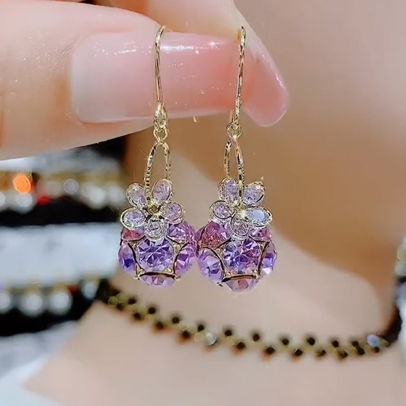 紫色鑽球花朵耳環