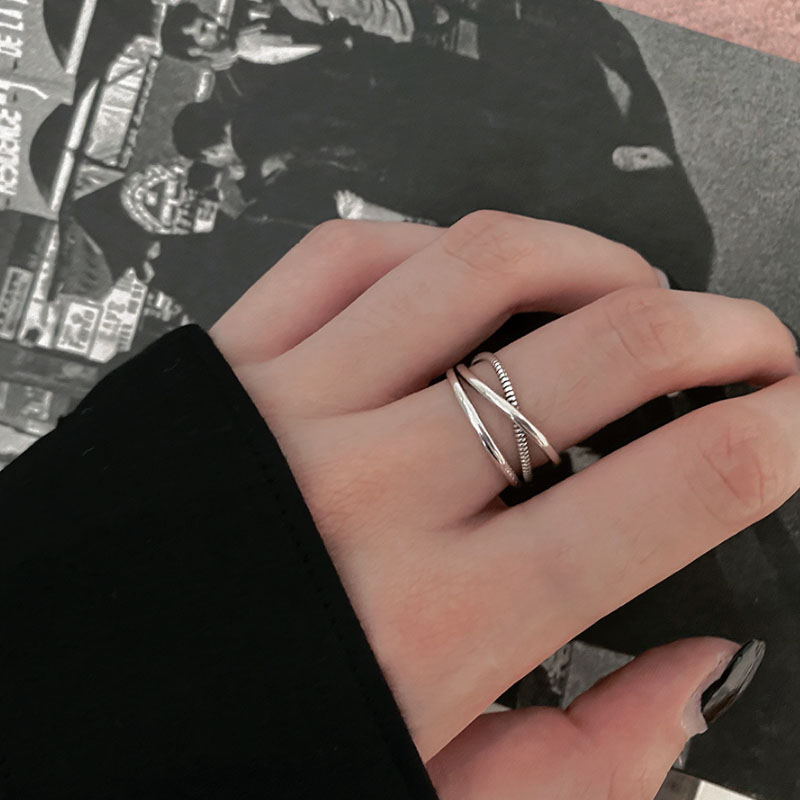 交叉S925純銀戒指 黑色開口戒指