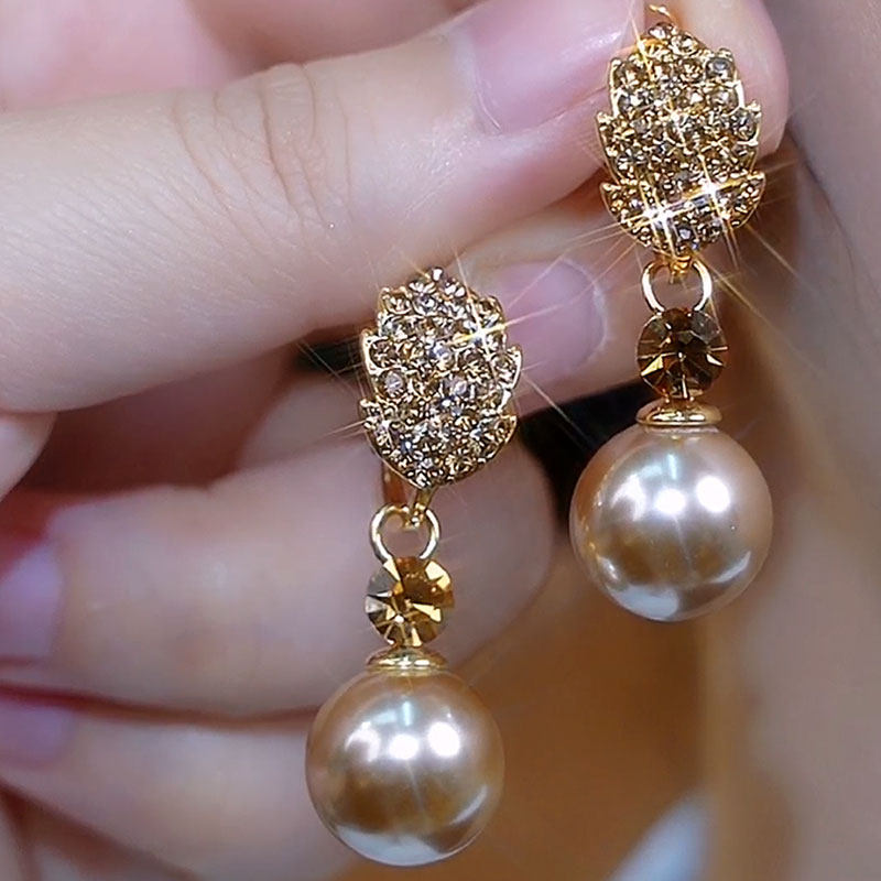 輕奢滿鑽樹葉珍珠耳環