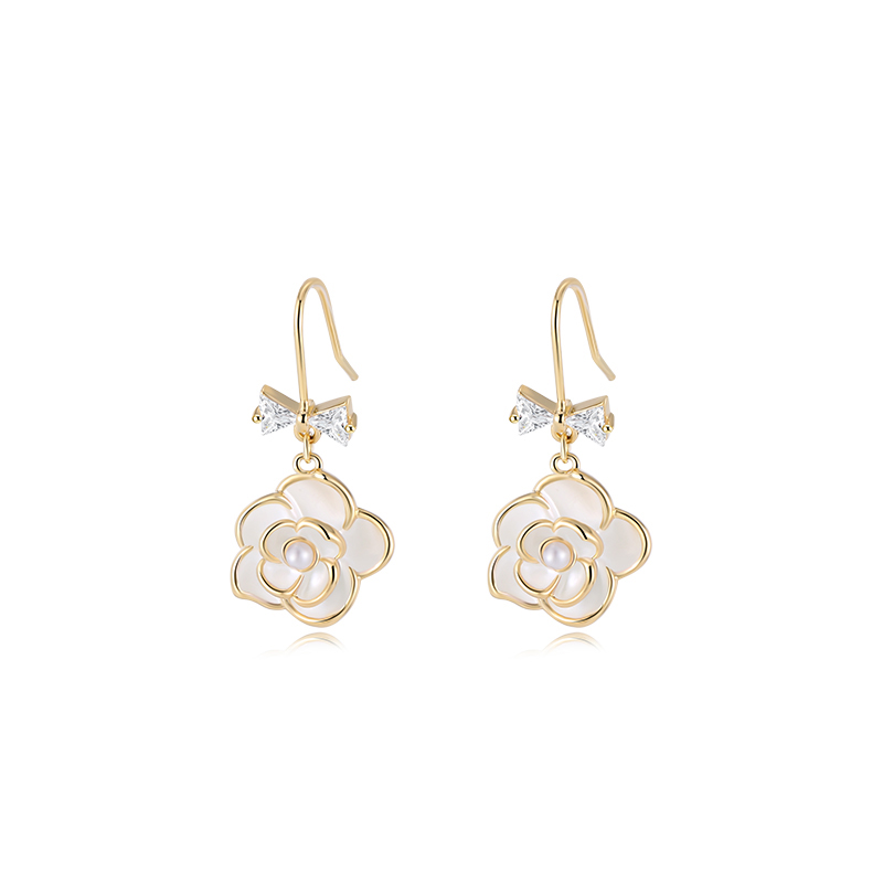 白色花朵蝴蝶結耳環     