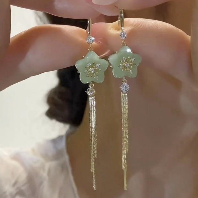 小清新綠色樹葉流蘇耳環  