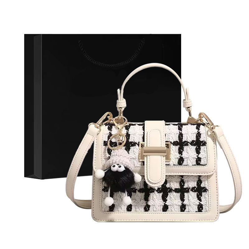 靴小香風黑白格子包包斜肩包