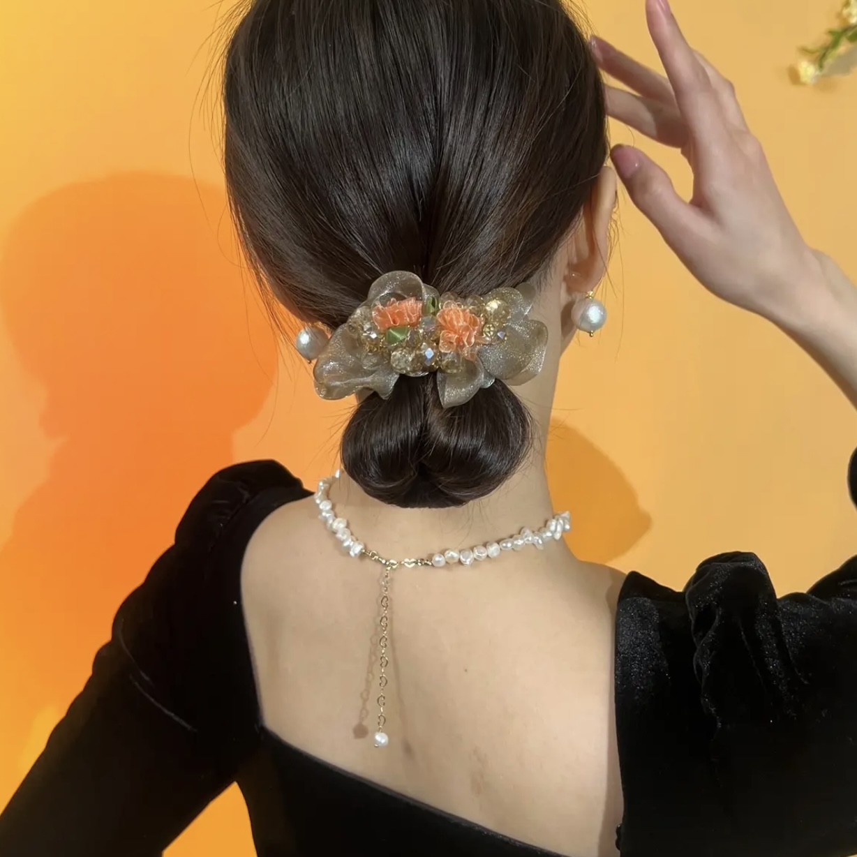 輕奢網紗簪花水鑽高彈力發繩