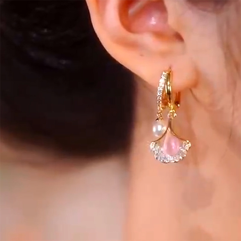 貓眼石銀杏葉耳扣耳環