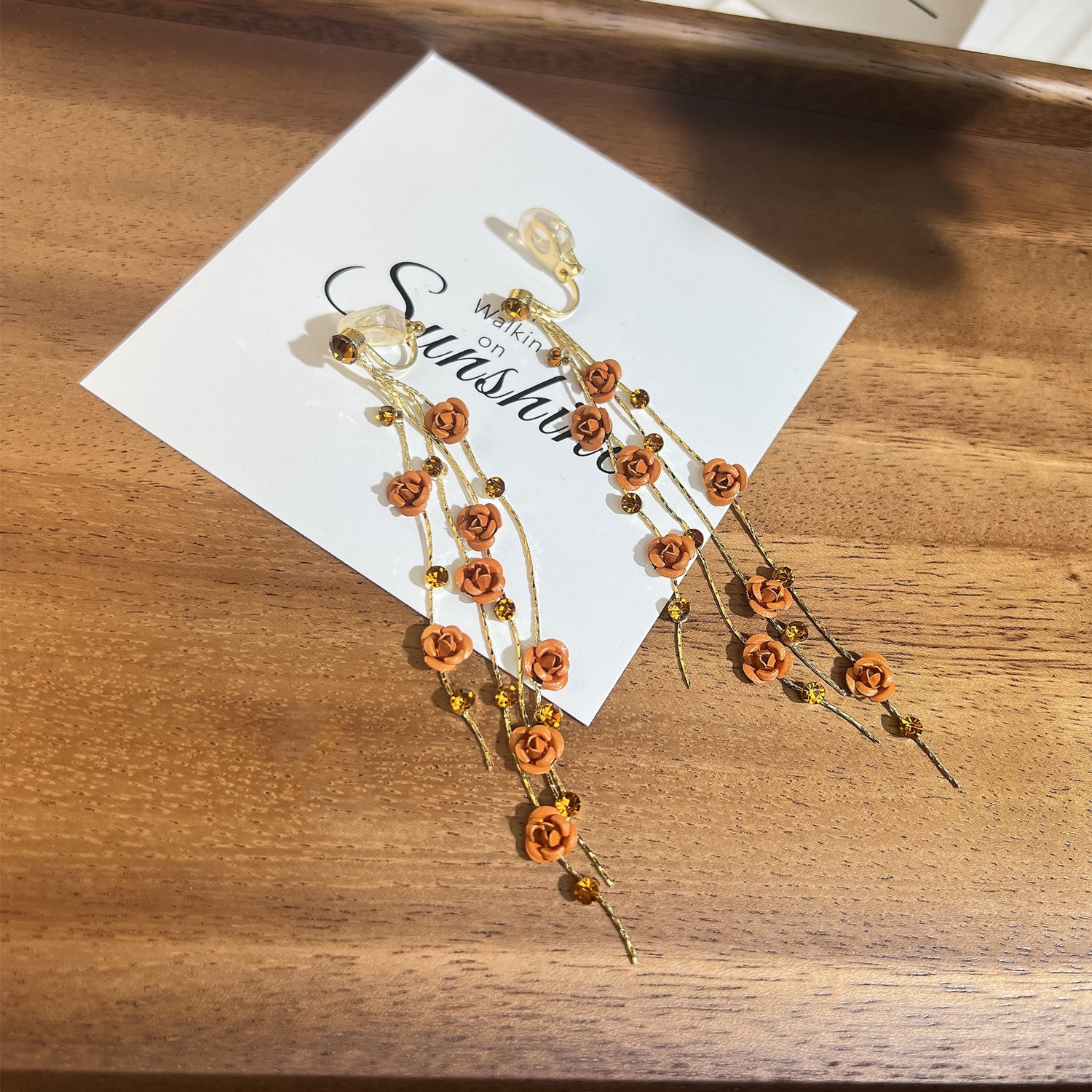 長款茶色玫瑰花流蘇耳環