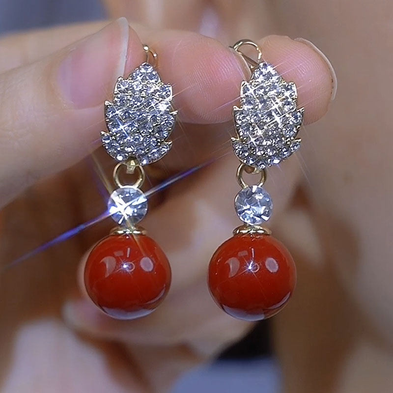 輕奢滿鑽樹葉珍珠耳環