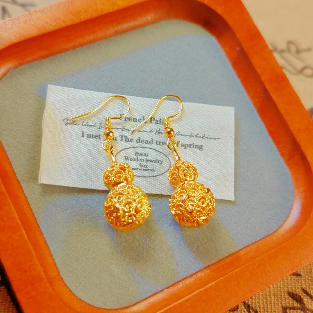 好運福祿金色長款鏤空葫蘆耳環