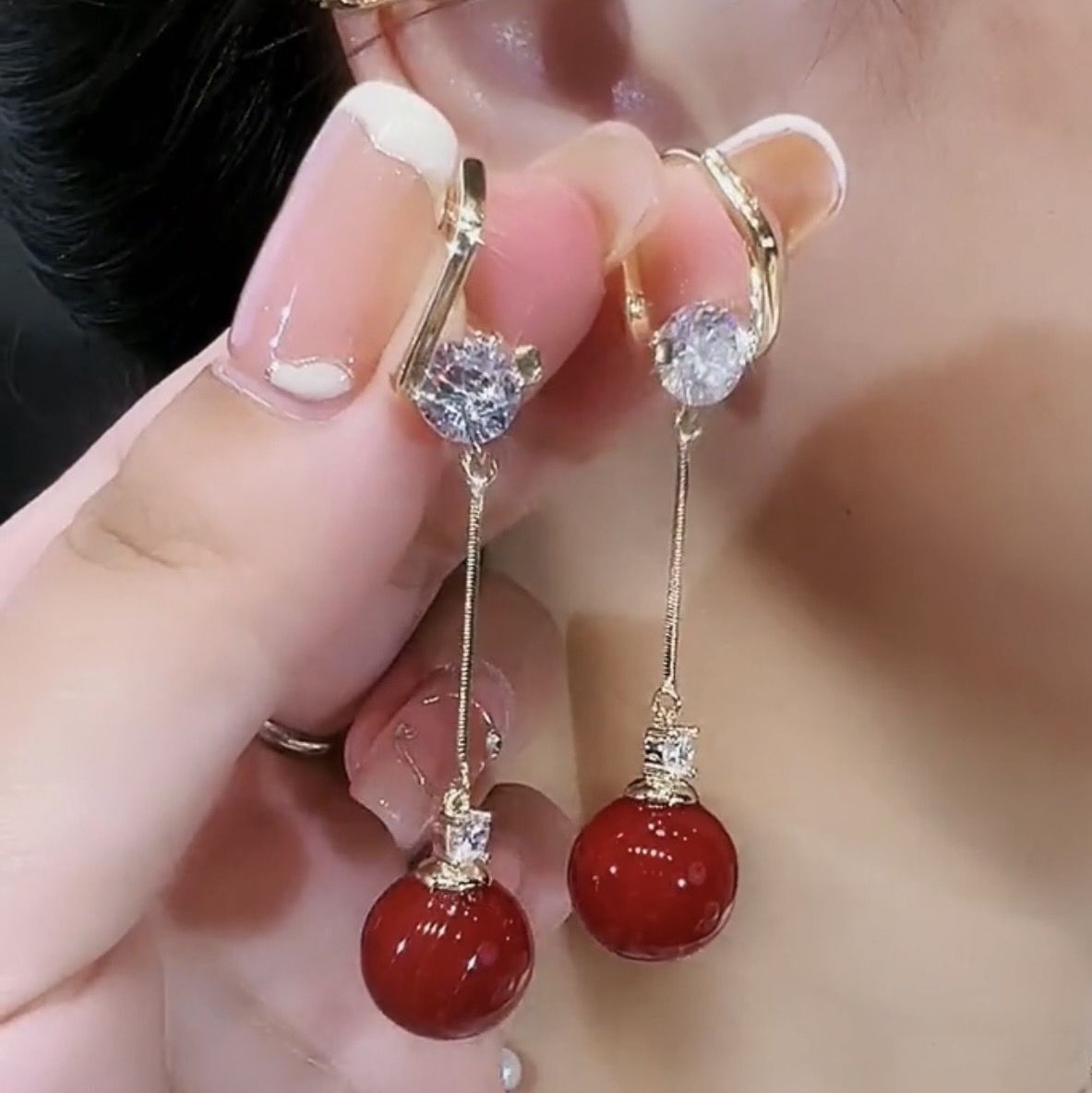 氣質鋯石長款珍珠流蘇耳環