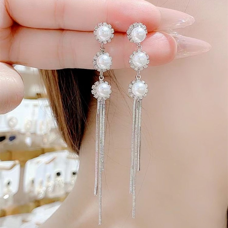 鑲鑽珍珠流蘇耳環 
