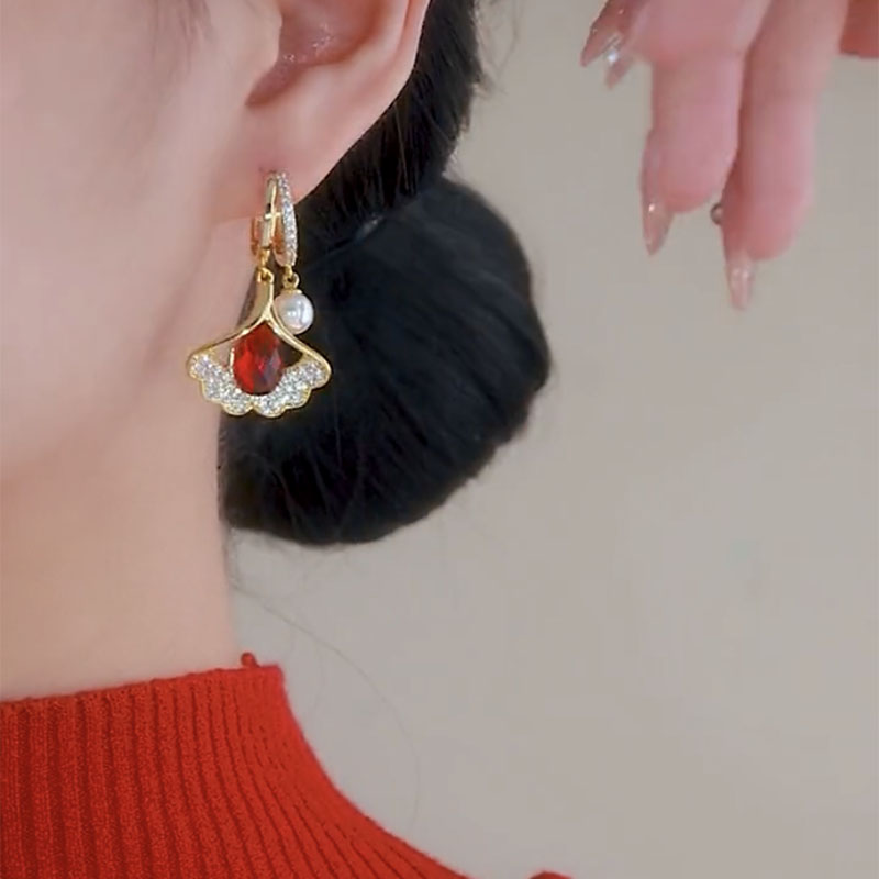 貓眼石銀杏葉耳扣耳環