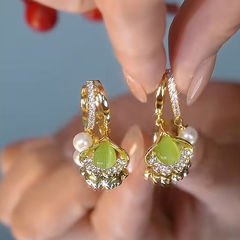 貓眼石銀杏葉耳扣耳環