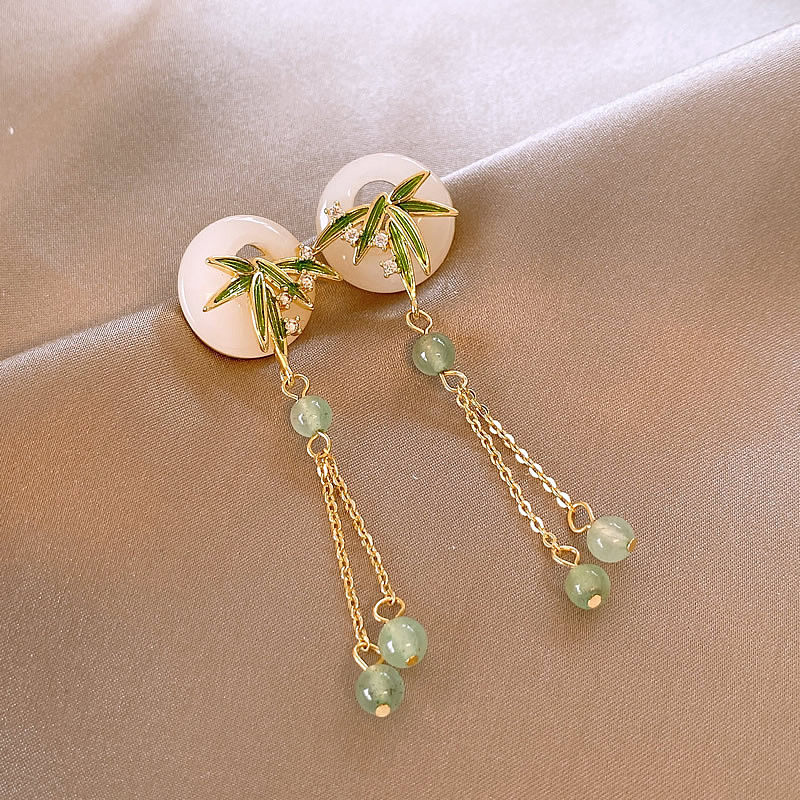 新中式四葉草竹葉鋯石耳環