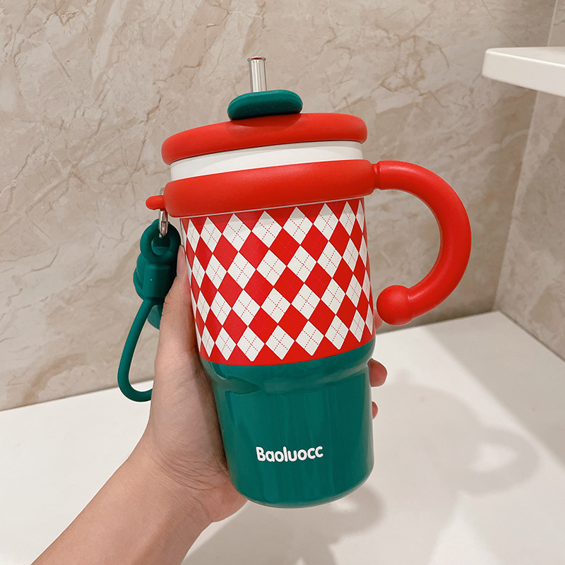 高顏值咖啡保溫杯 帶把手吸管隨行杯