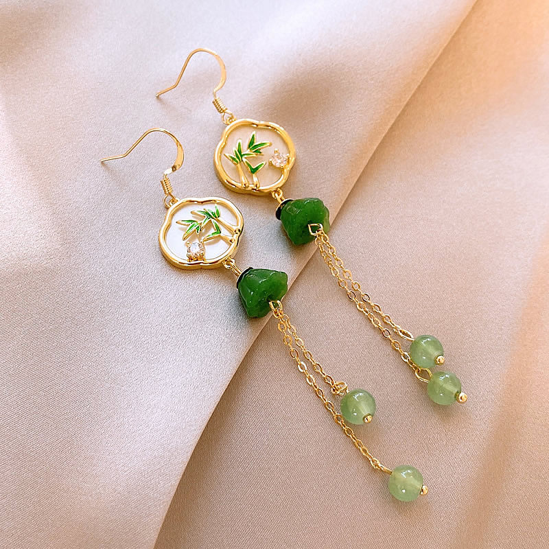 新中式四葉草竹葉鋯石耳環