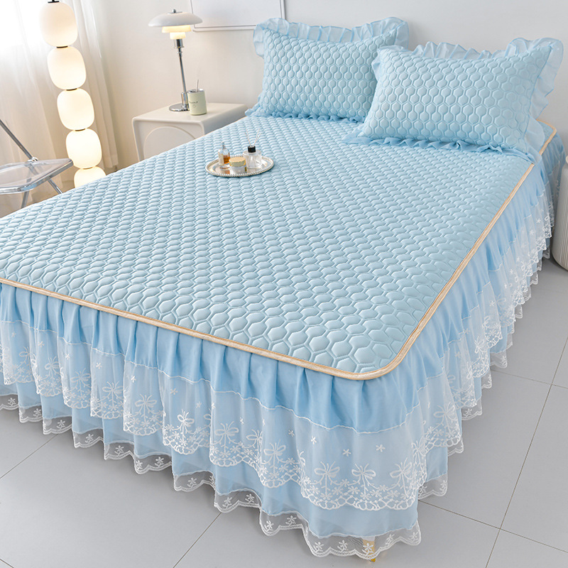 泰國天然乳膠涼席三件組 床裙防滑加厚款 可機洗 冰絲軟席 可折疊 涼感面料