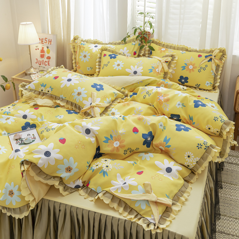 四季款純棉 清新印花雙層蕾絲床裙 彩色花邊四件組