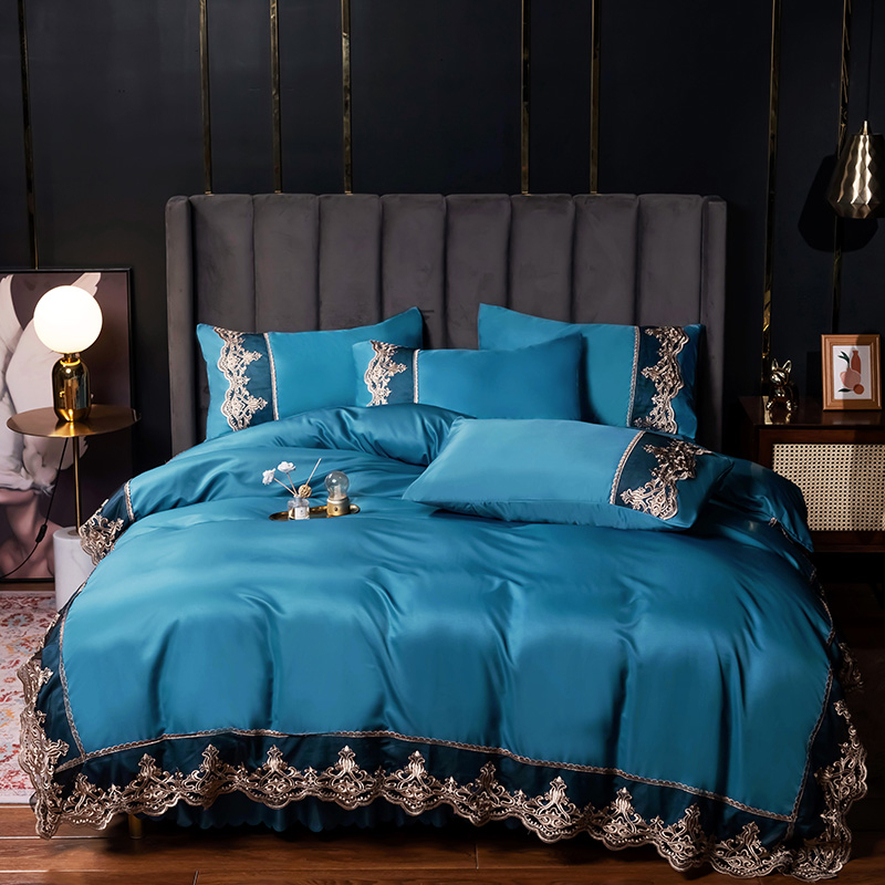 公主水洗真絲床裙 北歐風 蕾絲花邊冰絲裸睡夏季 四件組