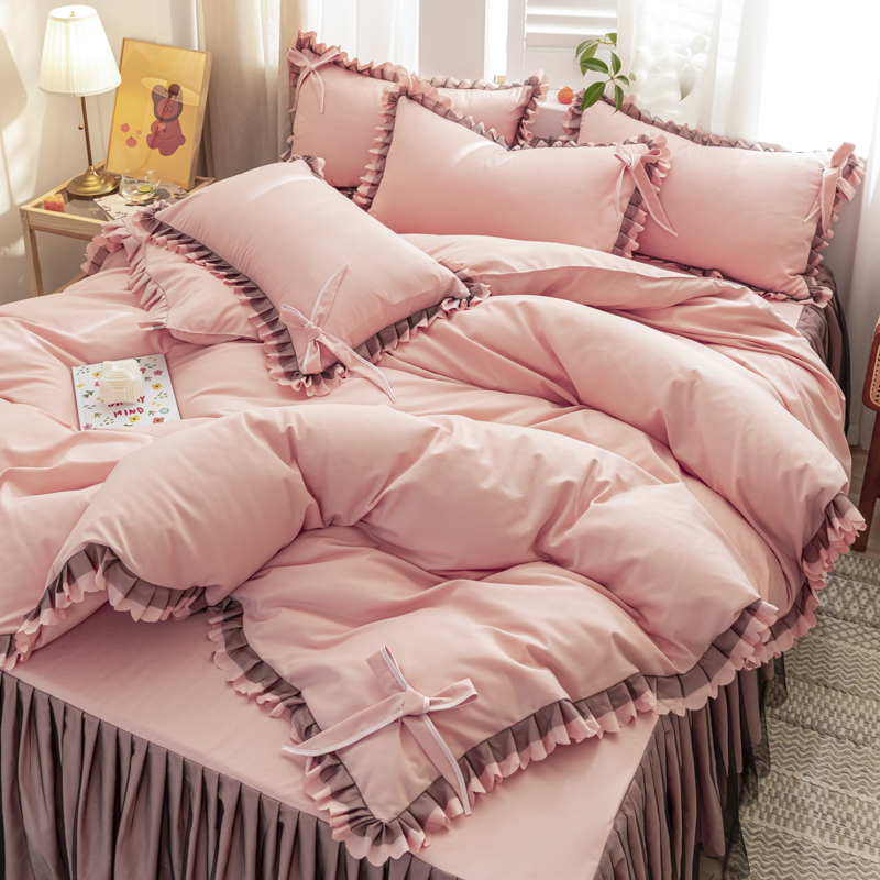 四季款純棉 清新印花雙層 蕾絲床裙 純色裙邊三件組/四件組