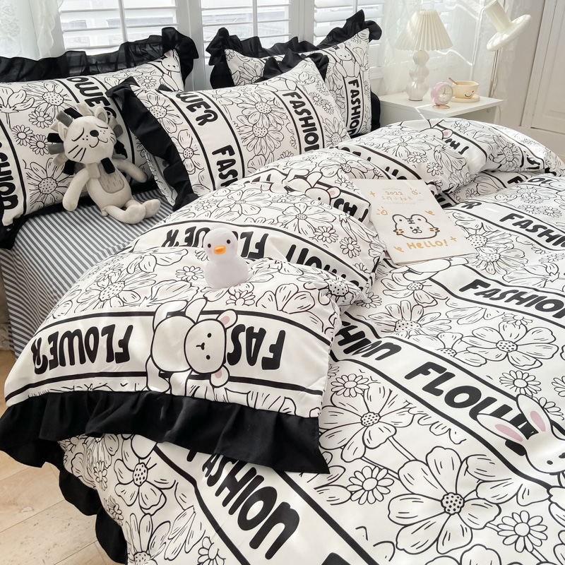 法式赫本風黑白素描大花山茶花 純色花邊 100%純棉四件組