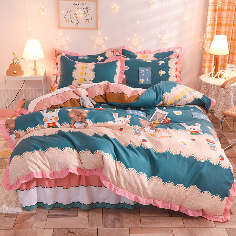 四季款純棉 清新印花雙層 絕美床裙 純色花邊三件組/四件組