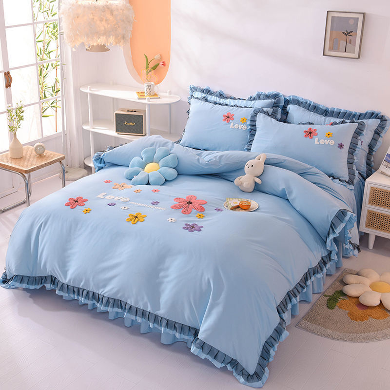 遇見 3D立體刺繡 甜美清新 蕾絲床裙四件組